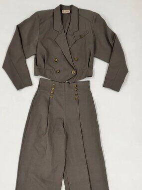 Vintage Khaki Cropped Blazer & High-Waisted Palazzo Pant Set